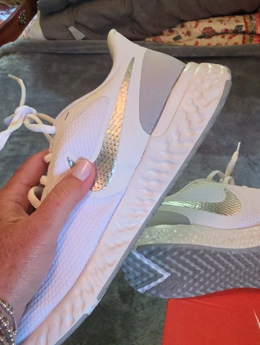 Nike Womens White Sneakers with Metallic Silver Swoosh